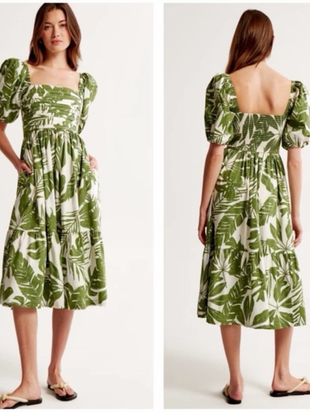 Abercrombie & Fitch Green and White Palm Print Midi Dress